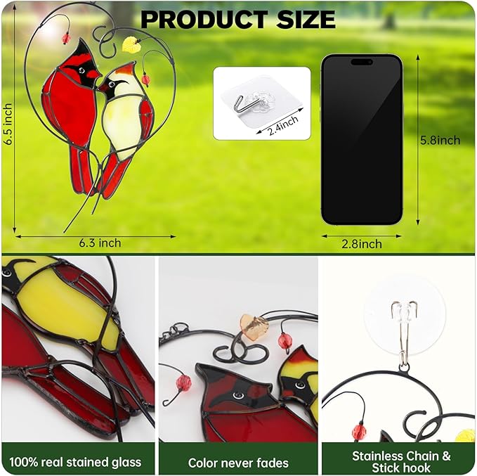 Cardinal Suncatcher Stained Glass for Window Hanging,Cardinal Gifts for Women,Red Birds Sun Catchers Christmas Decoration for Windows,Best Gift for Mom,Memorial Gifts for Birds Lover