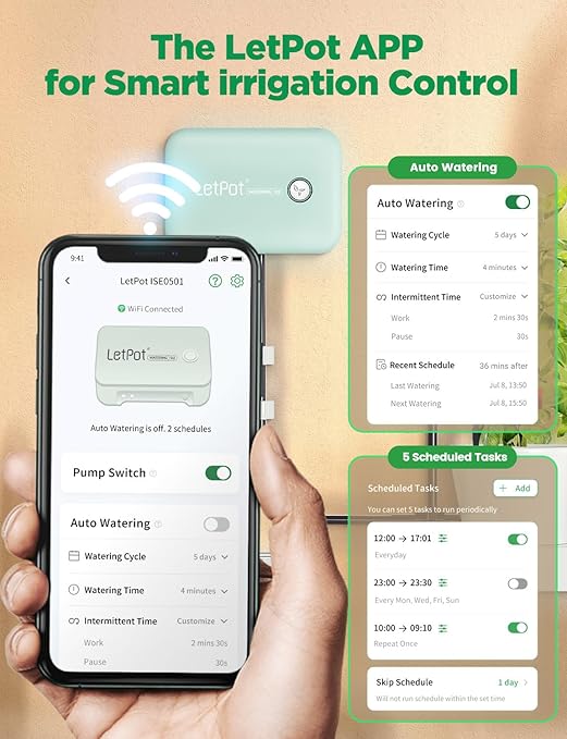 LetPot Automatic Watering System for Potted Plants, [Wi-Fi & App Control] Drip Irrigation Kit System, Smart Plant Watering Devices for Indoor Outdoor, Water Shortage Remind, IPX66, Green