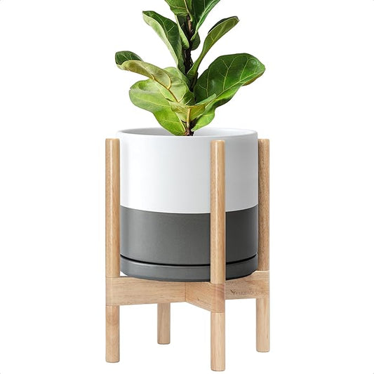 D'vine Dev Ceramic Planter with Natural Stand - 10 Inch Modern Round Flower Pot with Wood Planter Holder, White/Grey, 55-B-K-6