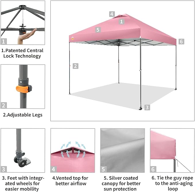 CROWN SHADES Adjustable Height on The Fly, 10x10 Pop Up Canopy - Beach Tent with One Push Setup - Easy Outdoor Sun Shade for Events, Parties, Camping - Outside Shade with STO-N-Go Bag, Pink