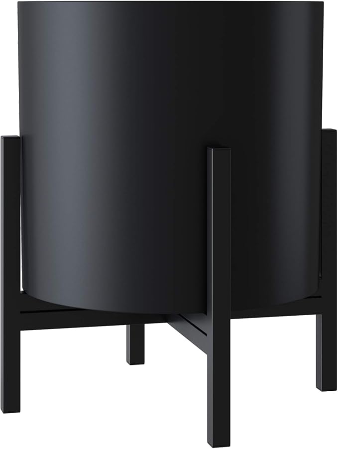FaithLand Plant Pot 14 inch - Perfectly Fits Mid-Century Modern Plant Stand - Drainage Plug and Drainage Mesh Screen - Matte Black