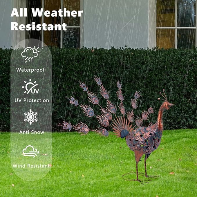 VEWOGARDEN Peacock Outdoor Statues Metal Peacock Tail Spread Garden Sculptures & Statues for Yard Lawn Patio Pool Outside Decorations, Blue & Bronze