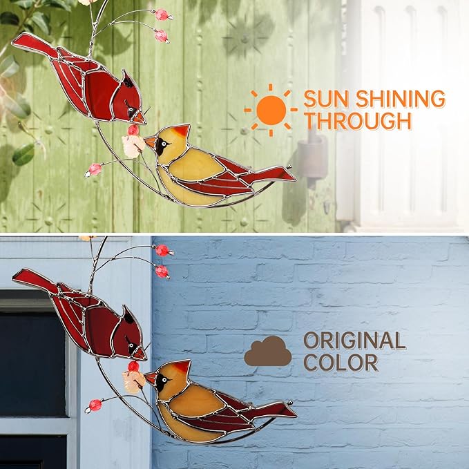 Cardinal Stained Glass Suncatchers for Windows Hanging Decorative,Couple Red Love Birds Sun Catchers for Christmas Ornaments,Real Stained Glass Cardinal Memorial Gifts for Women/Mom