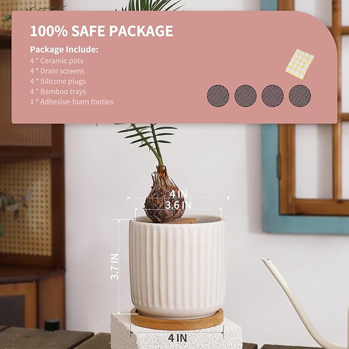 OMAYKEY 4 Inch Ceramic Plant Pot with Saucer, Creative Stripe Small Planters Pots with Drainage Hole and Mesh Pads for Succulent, Cactus, Herbs, White - Set of 4