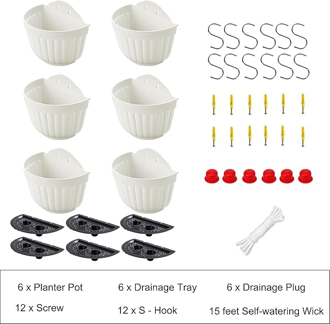ORIMERC 6 Pack 10 inch Large White Wall Planter Pots Vertical Living Wall Hanging Planters Wall Mounted Planter Holder with Drainage Hole for Indoor Outdoor Plants Wall Decor with Hooks/Screws