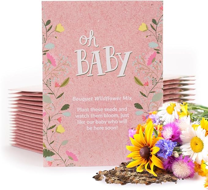 BENTLEY SEED CO. Oh Baby Flower Seeds Packets - Girl/Boy Baby Shower Favors - Pre-Filled, 25 Wildflower Seed Packs for Favor - Eco-Friendly Gift & Babys Guest Giveaways - Non-GMO Seeds - Pink Envelop
