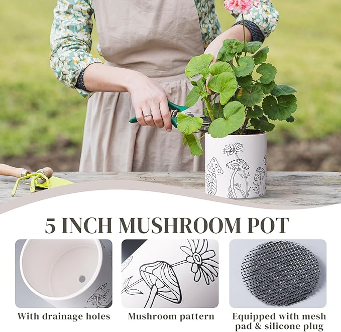 Mushroom Ceramic Plant Pot Set of 2, 5 Inch Modern Stylish White Round Flower Pots with Drainage Holes, Planter Decor for Indoor-Outdoor Plants Spider Plant, Pothos, Gift for Woman and Friends