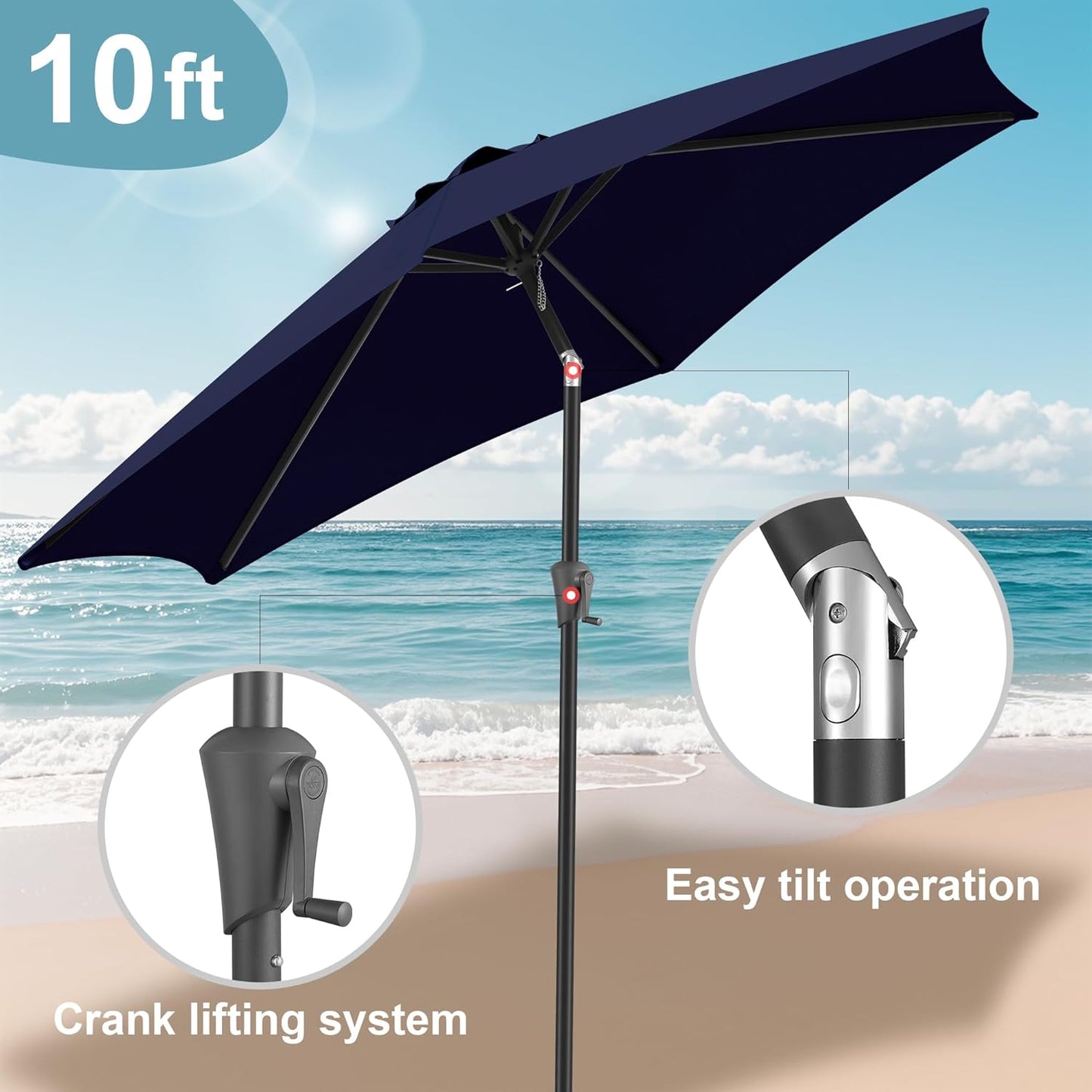 FLAME&SHADE 10ft Patio Umbrella - Outdoor Umbrella with 6 Sturdy Ribs, Push Button Tilt and Crank, UV Protection Table Market Umbrella for Pool, Porch，Garden, Deck, Backyard (Navy Blue)