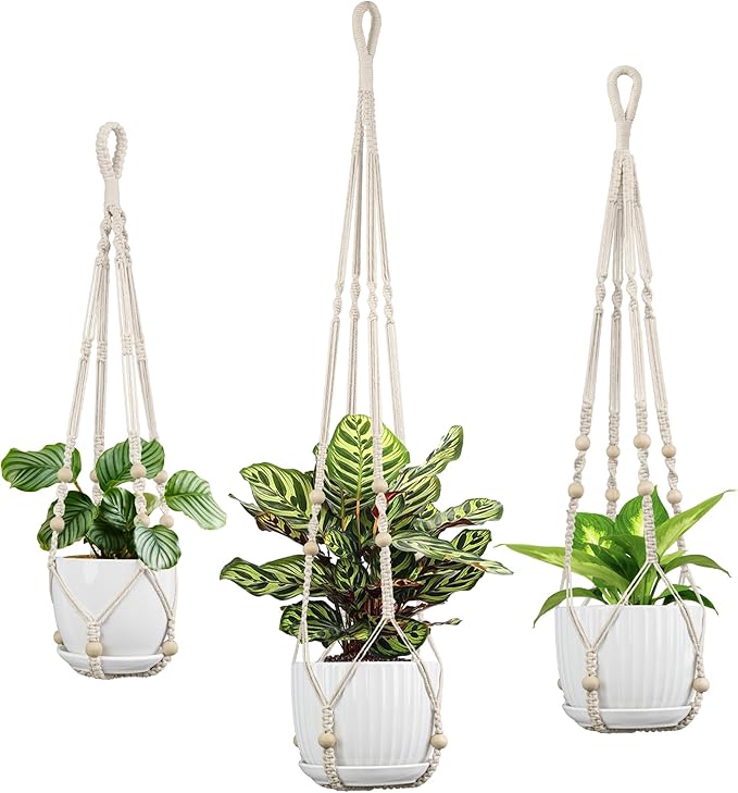 3 Pack Macrame Plant Hanger - 43"/35"/29" Different Sizes, Hanging Planter Basket Flower Pot Holder for Indoor Outdoor, with Wood Beads, Boho Home Decor, Ivory (POTS NOT Included)