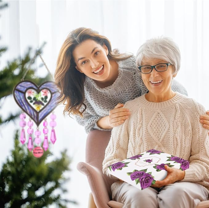 Gifts for Mom Suncatcher Heart Shaped I Love You Mom - Colored Glass Light Catcher Hanging Wind Chime Decorations Window Gifts Mother's Day Valentine's Day Birthday Christmas (Purple)