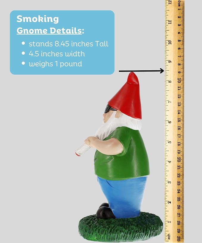 Gnometastic Gnomes Smoking Gnome, 8.5in, Hippie Gnome, Indoor Outdoor Funny Garden Gnomes Decoration for Yard, Planter, Lawn Ornament, Patio and Home Decor