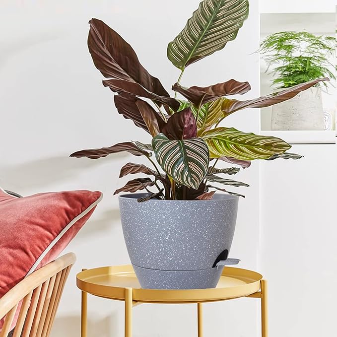 WOUSIWER 10 inch Self Watering Planters, 2 Pack Large Plastic Plant Pots with Deep Reservior and High Drainage Holes for Indoor Outdoor Plants and Flowers, Speckled Grey