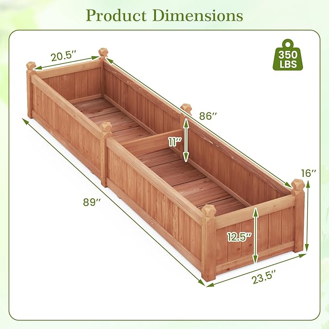 HAPPYGRILL Raised Garden Bed, Wood Elevated Flower Box with 8 Drain Holes, Liner, for Flowers, Vegetables, Herbs, Fruits, Outdoor Planter Box for Backyard, Garden, Lawn, 89" x 23.5" x 16"