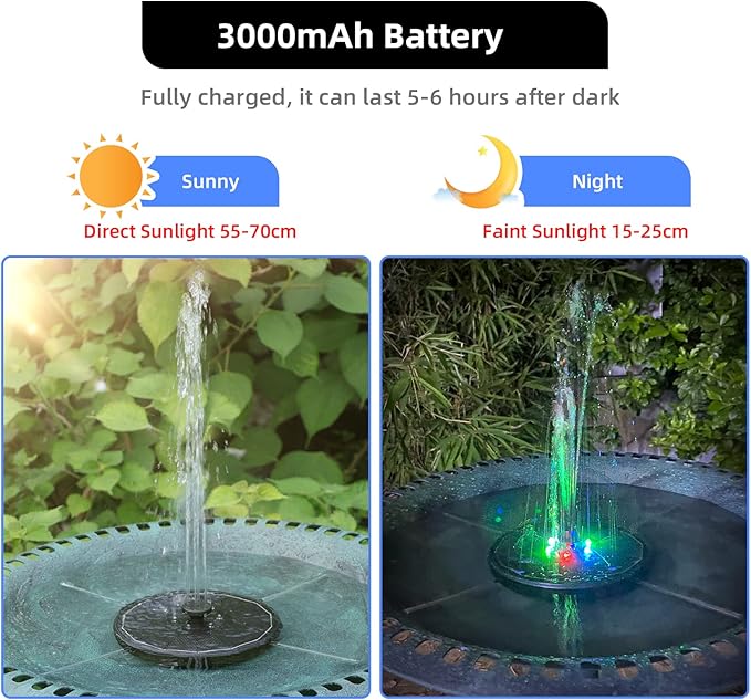 Solar Fountain, Powered Water 4W Pump for Bird Bath with LED Lights, 7 Nozzle and Fixer Hummingbird Garden, Pond, Pool, Fish Tank, , Black