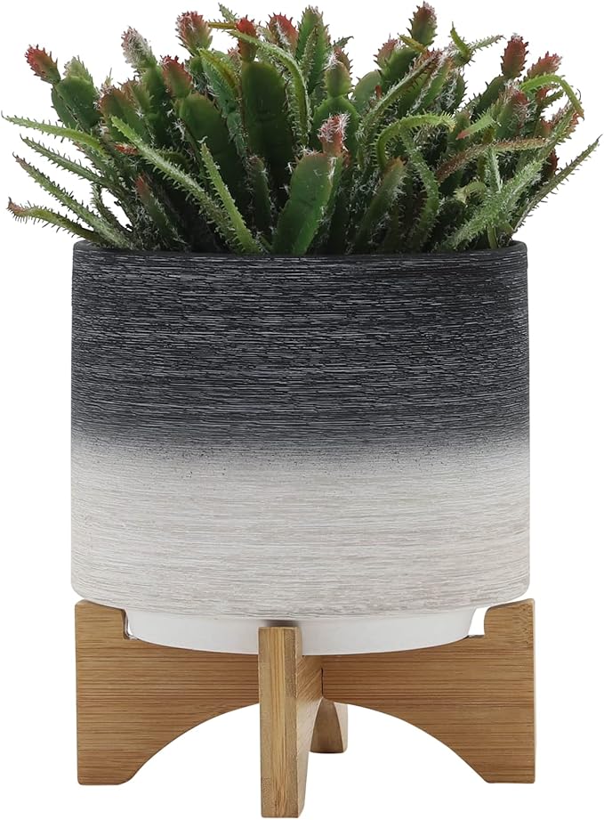Sagebook Home 8" Planter on Stand - Ceramic Planter on Wooden Base - Contemporary Gray and White Textured Design Indoor or Outdoor Plant Stand Decor