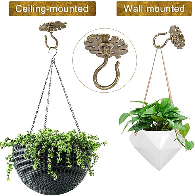 Dolibest Wall Mount Ceiling Hooks,Plant Hooks for Ceiling Metal Plant Bracket Iron Wall Mount Lanterns Hangers Hooks for Hanging Plants Lights, Outdoor Wire, Fairy Lights, Wind Chimes, Bronze(4PCS)