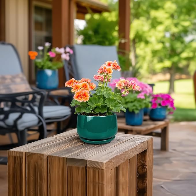 G EPGardening 4 inch Plant Pots - Small Ceramic Planter with Drainage Hole & Tray, Succulent Pots Indoor Outdoor, Round Modern Planter, Decorative Flower Pot, Desk Decor, Gifts for Plant Lover, Green