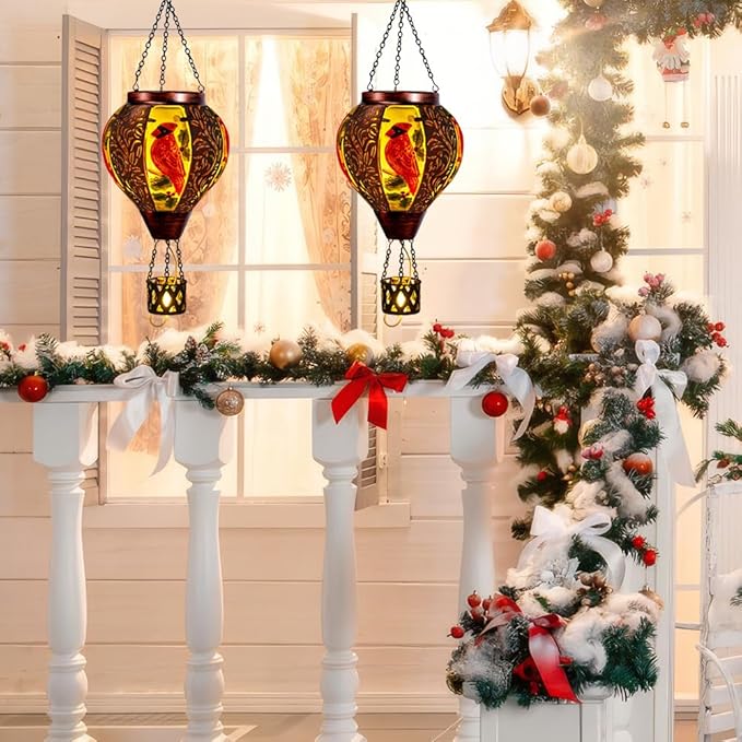 Starsoul Cardinal Hot Air Balloon Solar Lantern with Flame Candle, Hanging Hot Air Balloon Outdoor Solar Lanetrns Waterproof for Garden Patio Yard, Mother's Day Xmas Christmas Woman Gifts