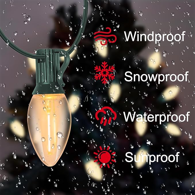 C7 Clear LED Christmas String Lights, 25FT C7 Outdoor String Lights with 27 LED Warm White Bulbs, Connectable Vintage Christmas Lights for Patio Porch Balcony Wedding Christmas Decorations, Green