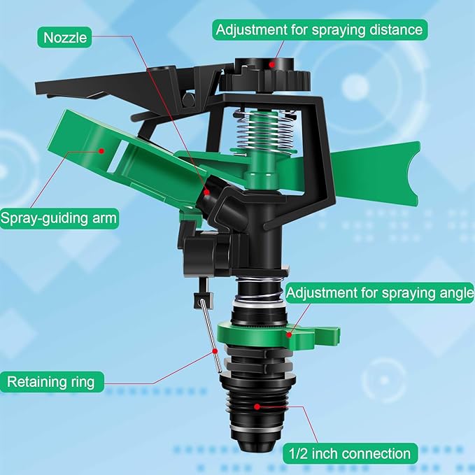 1/2 Inch Plastic Impact Sprinklers Adjustable 0 Degree to 360 Degree Pattern Plastic Sprinkler Head for Garden Watering Supplies (2 Pieces)