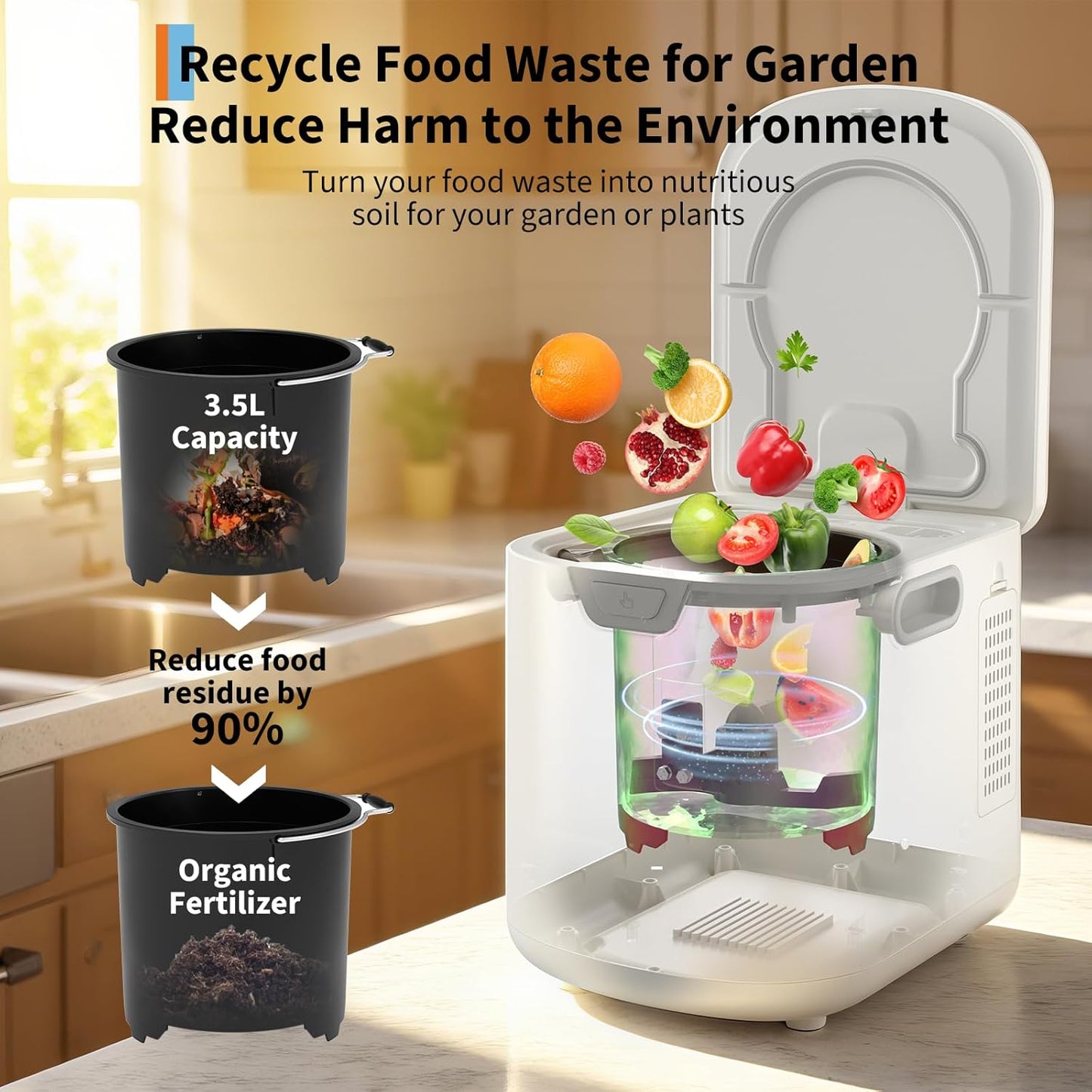 3.5L Electric Kitchen Composter Smart Odorless Compost Bin Auto-Cleaning,Countertop Food Waste Composting Machine -Fast 4-6H Food Waste to Fertilizer Conversion for Outdoor Use (White