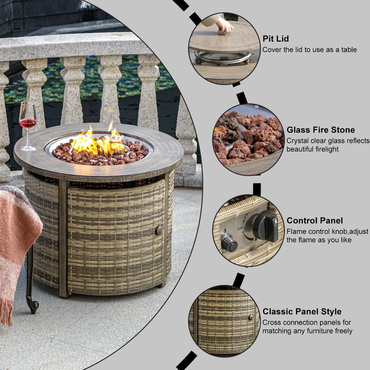 32 inch Propane Fire Pit Table,Wicker Gas Fire Pits Table with Lid & Lava Rocks, 50000 BTU Round Propane Firepit for Outside, Fire Table for Dining,Party, Patio,Yard
