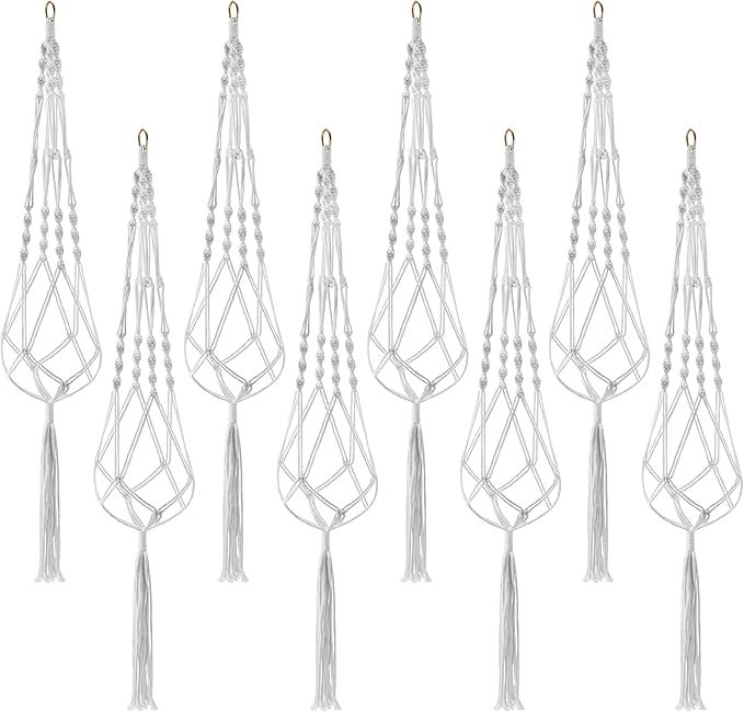Sorbus Macrame Plant Hanger (8 Pack) Indoor Outdoor Hanging Plant Pots Cotton Rope, Elegant for Home, Patio, Garden (White)