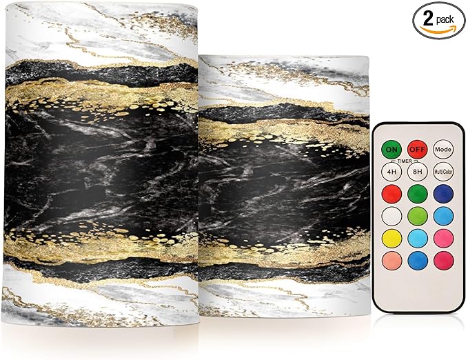 Flickering Flameless Candles, Black White Marble Gold Veins LED Candles with Remote Timer, Set of 2 Battery Operated Candle for Valentine Wedding Birthday