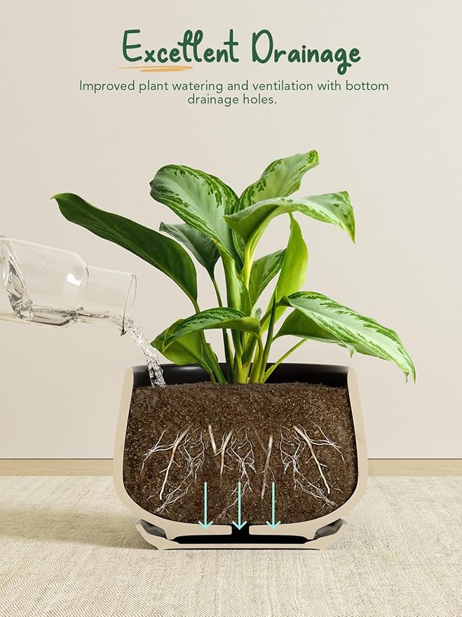 LE TAUCI Plant Pots, 4.1+5.1+6.5 inch, Set of 3, Ceramic Planters with Drainage Hole and Saucer, Indoor Flower Pot with Hole Mesh Pad, Gifts for Mom, Black