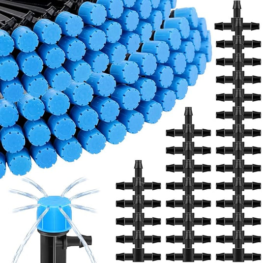 200 Pcs Drip Irrigation Kit for 1/4" Tubing Include 100 Drip Irrigation Emitter Adjustable Fan Shape Drip Irrigation Parts and 100 Barbed Tee Fittings Barbed Connectors for Garden Lawn Patio