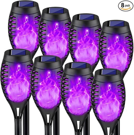 8Pack Halloween Decorations Outdoor, Halloween Solar Lights with Purple Flame for Halloween Decor, Waterproof Halloween Lights Outdoor, Solar Pathway Lights for Lawn Outside Halloween Yard Decorations