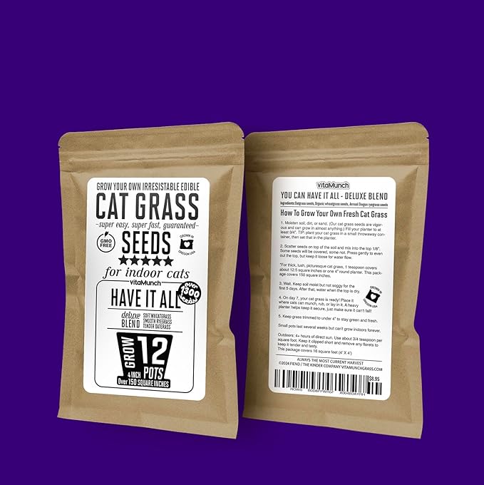 Cat Grass Seeds Deluxe Blend – Tender, Smooth and Chonky – Grows 12 Pots of Fresh Cat Grass for Indoor Cats – Easy & Fast to Grow Small Pack Grows 150 Square inches of Edible cat Grass – Vitamunch