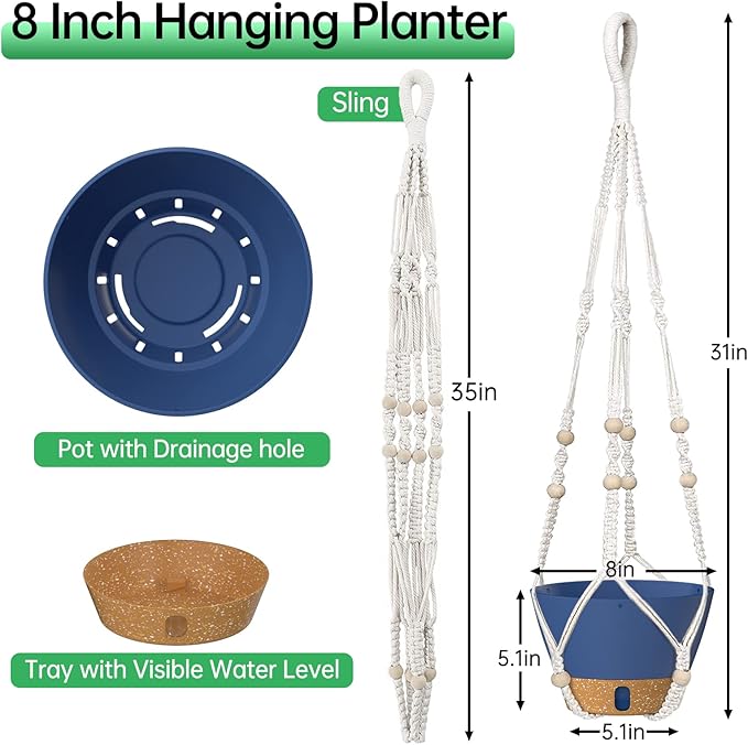 ZMTECH 2 Pack 8 Inch Blue Hanging Planters with Macrame Plant Hanger for Indoor and Outdoor Plants, Self Watering, Drainage Hole, Visible Level Tray