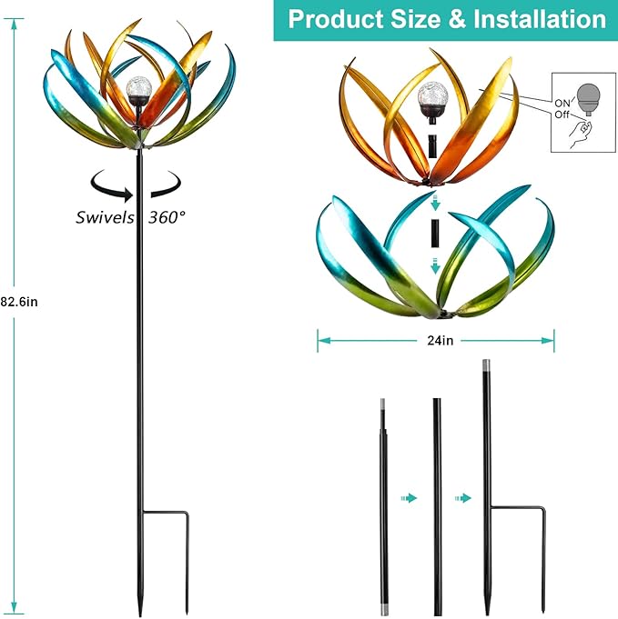 Large Solar Wind Spinners for Yard and Garden-82.6 Inch 360° Metal Wind Sculptures Outdoor Clearance Kinetic Windmills with Multi Color Led Glass Ball