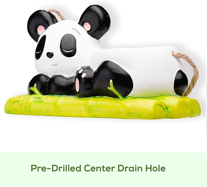 Panda Hanging Planter, Succulent Pot with Drainage, 6 ft Natural Fiber Cord, Ceramic Bear Animal Holder for Cacti & Small Plants, Decorative Panda Gift Decor for Women Men