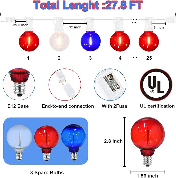 G40 LED Red White and Blue Lights, 27.8 FT 4th of July Lights Plug in with 25+3 Bulbs, Patriotic Decorations Outdoor String Light for Memorial Day Independence Day Patio Garden Backyard Bistro Decor