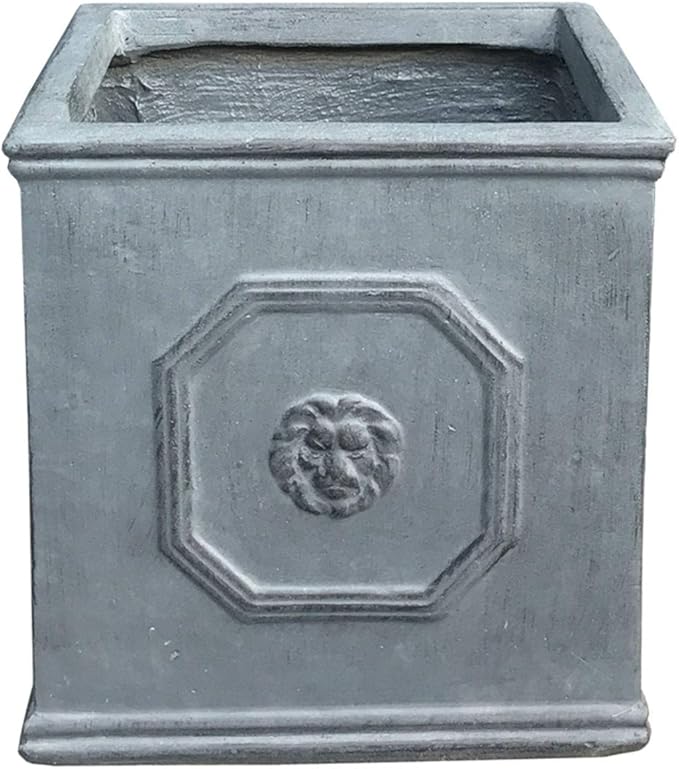 Kante Square Lion Head Concrete Planter, Classic English Style Plant Pot with Drainage Hole and Rubber Plug for Indoor Outdoor Garden Patio Home, 12.6"x12.6"x12.6" Antique Gray