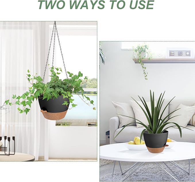 Hanging Planters for Indoor Outdoor Plants, 2 Pack Self Watering Hanging Pot with Drainage Holes & Removable Tray (Black, 10'')