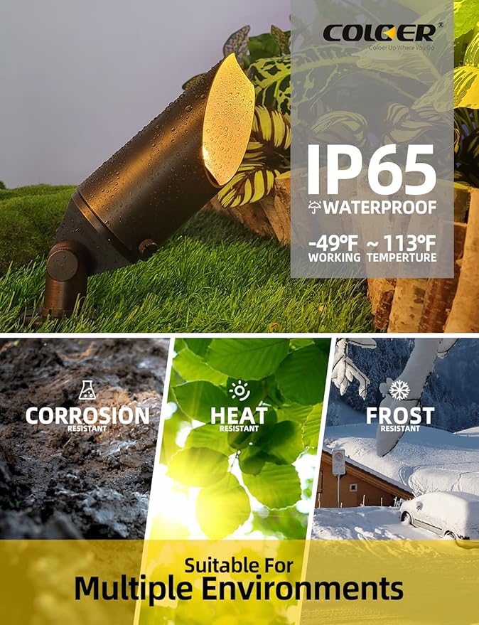 COLOER Die-cast Brass Landscape SpotLights Outdoor, 12V AC/DC Low Voltage Adjustable Yard Lighting, Garden Patio Trees Directional Spot Up Light(103B,Bronze, 12-Pack Without Bulb)