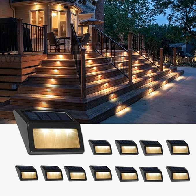 Solar Lights Outdoor, Waterproof Solar Powered Deck Step Lights for Patio Garden Backyard Garage Driveway Pathway Outside Wall Lighting (Warm White/12 Pack)
