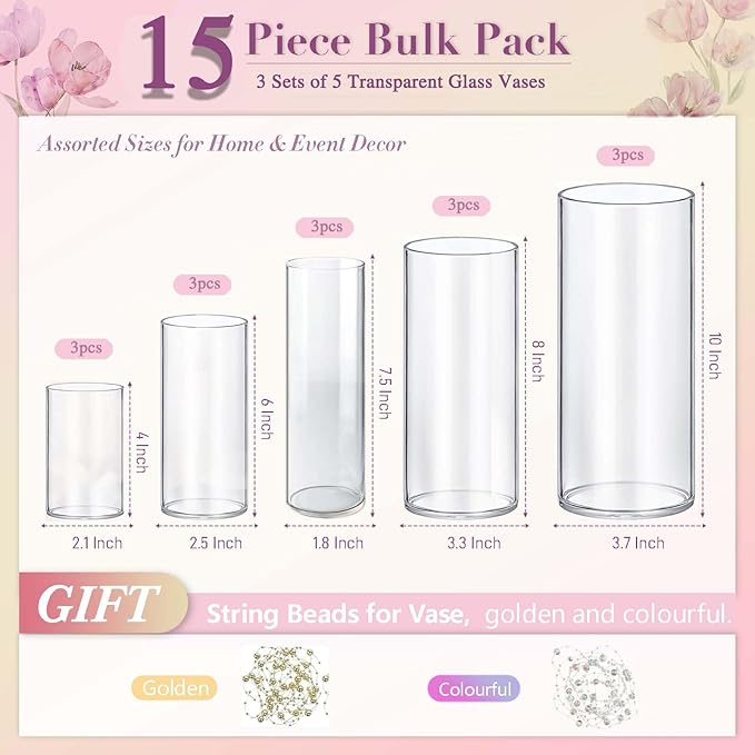 15pcs Cylinder Vases for Centerpieces Small Flower Glass Vases Clear Vase Home Decor Centerpiece Table Flower Vase Decorations for Wedding Decoration＆Holiday Mixed Sizes Tall