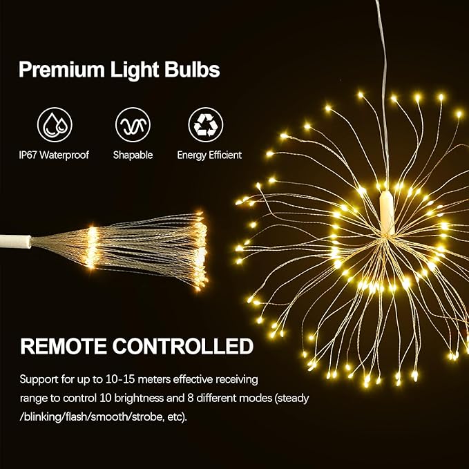 Firework Lights, 8 Pack LED Copper Wire Fireworks Lights Fairy Lights Christmas Fireworks Hanging Dimmable String 8 Modes Waterproof with Remote Control for Christmas Wedding Garden