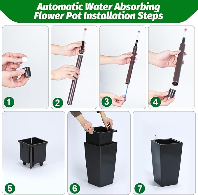 16" Tall Planters Set of 2, Outdoor＆Indoor Black Planter Pots, High Front Porch Planter Pots with Drainage Holes＆Water Level Monitor＆Inner Bucket, Automatic Watering,Black