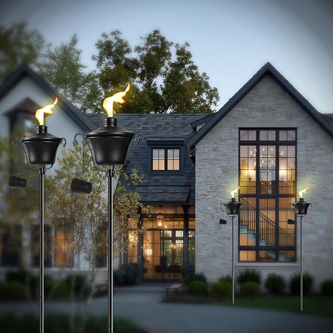 Citronella Torches Set of 6, 3-Prong Grounded Stake Outdoor Torches, 14.5 oz Garden Torches for Outside, 58 inch Outdoor Decorative Torch