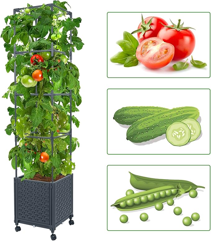 LINEX Raised Garden Bed Planter Box with Trellis, 56.7” Tomato Planters for Climbing Plants Vegetable Vine Flowers Outdoor Patio, Tomatoes Cage w/Self-Watering & Wheels