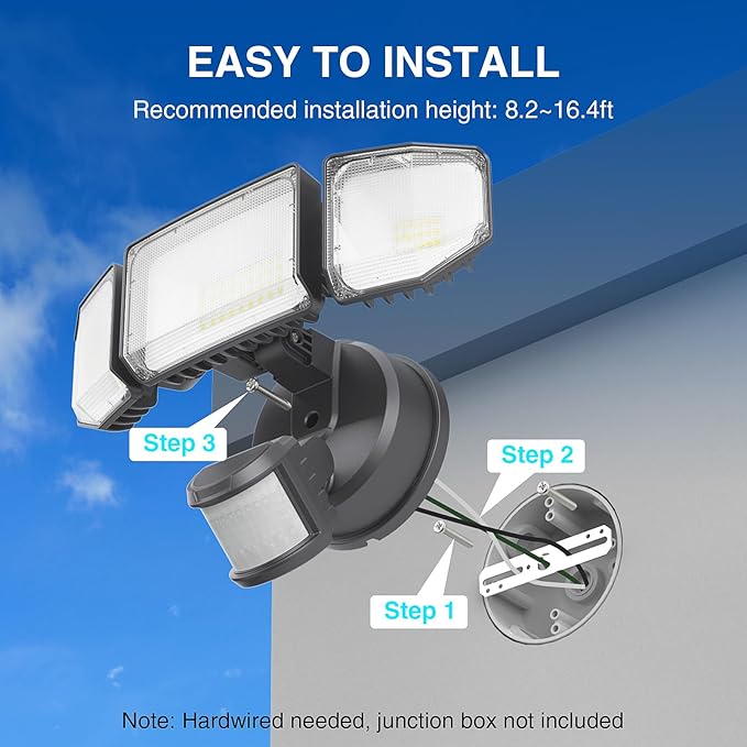 85W LED Security Lights Motion Sensor Light Outdoor, 8500LM Dusk to Dawn, IP65 Waterproof, 6500K, 3 Head Motion Detected Flood Light, Floodlight for Outside, Garage, Yard, Porch (Black)