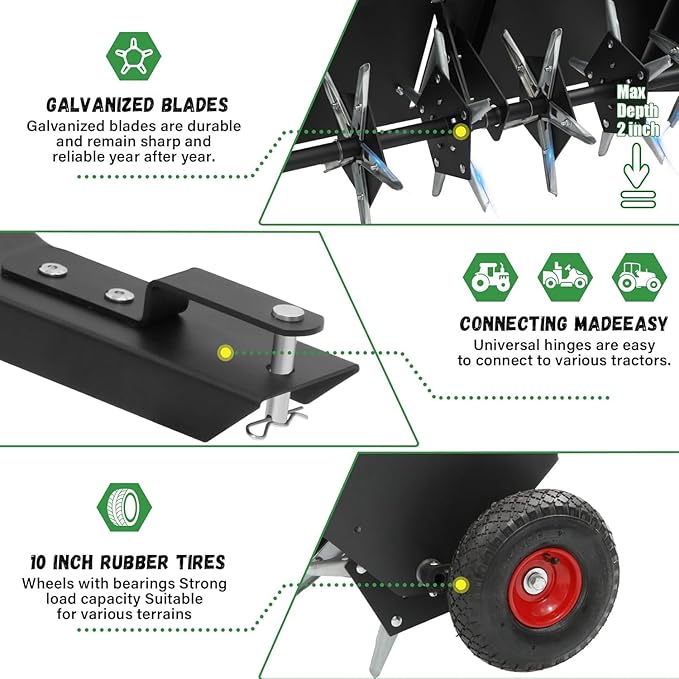 Doniks 48-Inch Tow Behind Lawn Plug Aerator with Universal Hitch, Lawn Aerator Tow Behind with 30 Galvanised Steel Tines,Tray and Inflatable Wheels for Gardens, Lawns, Farms