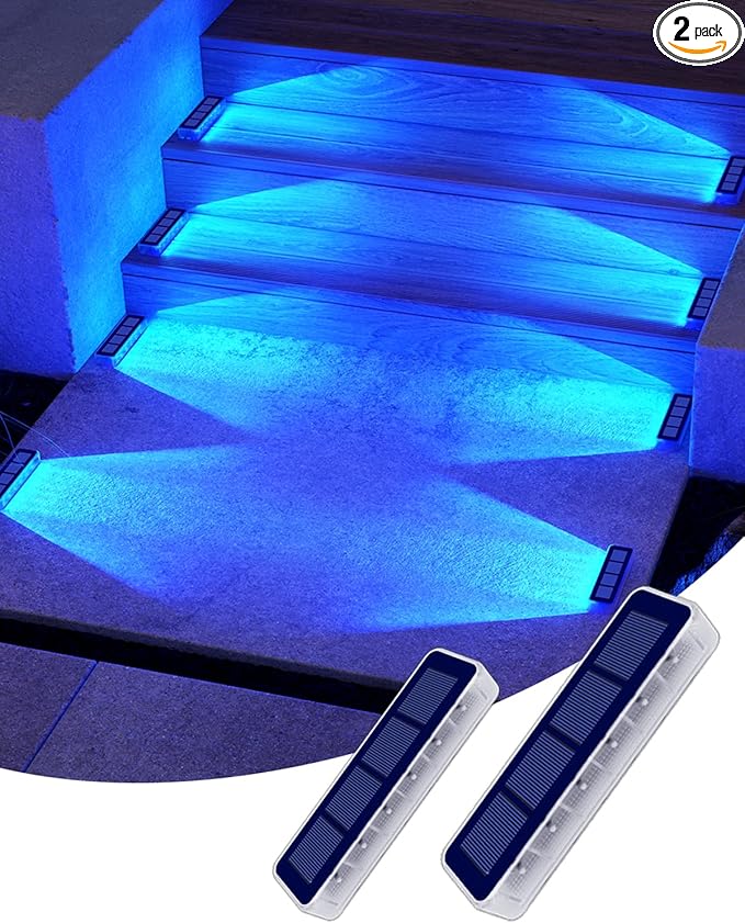 Solar Step Lights for Outside, 2 Pack Solar Stair Lights, Blue Outdoor Deck Light Waterproof, Outdoor Light Solar Powered for Deck, Dock, Pathway, Porch, Path, Ground, Backyard