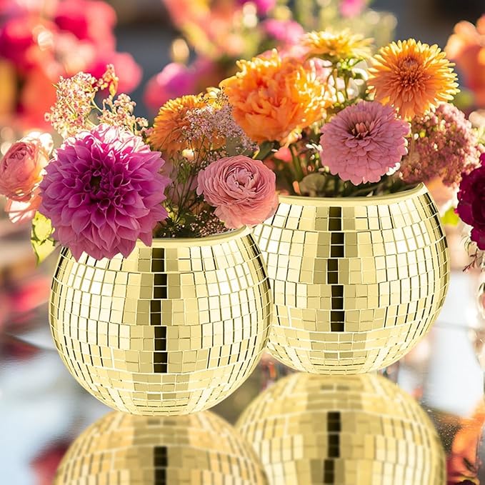 2 Pcs Disco Ball Vase,5 x 6 Inch Mirrored Disco Ball Planter,Disco Ball Candle Holders Perfect Disco Decorative Planters for Living Room Bedroom Table Wedding Party Birthday(Gold)
