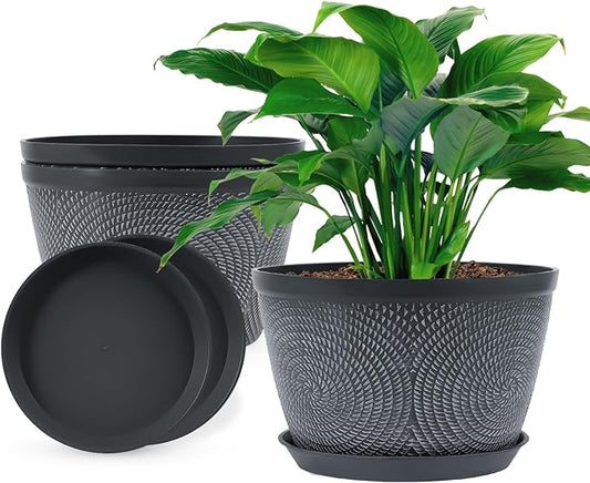 Quarut 10 Inch Flower Pots Planters for Outdoor Indoor, 3 Pack Plastic Plant Pots with Drainage Hole & Tray, Modern Decorative Garden Pot with Saucer, planters for House (Gray)